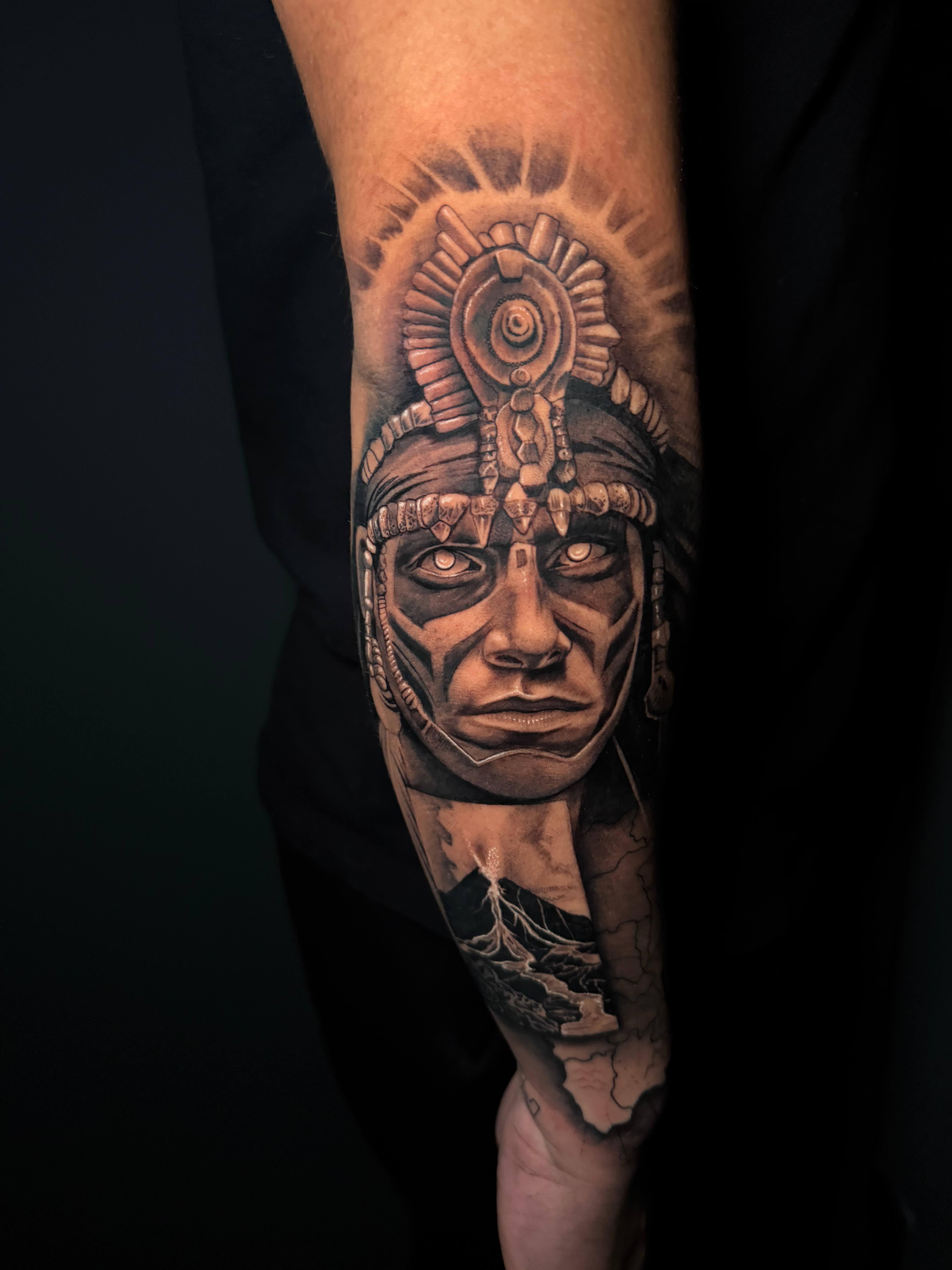 Aztec warrior portrait realism tattoo North London